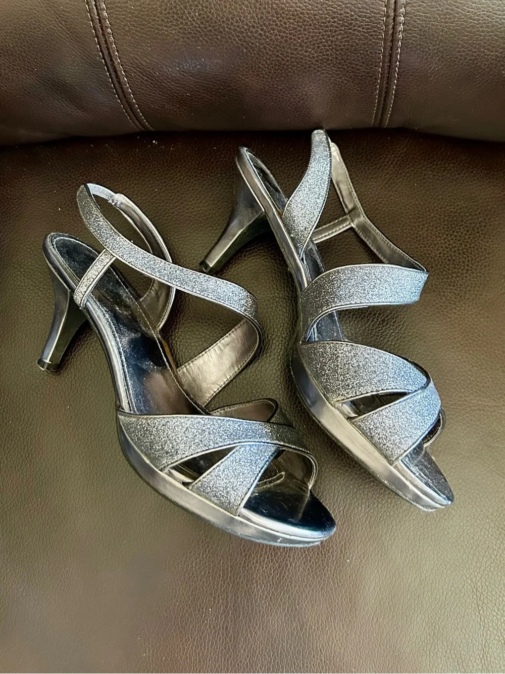 Covington Silver Glitter Strappy Heels with Slingback